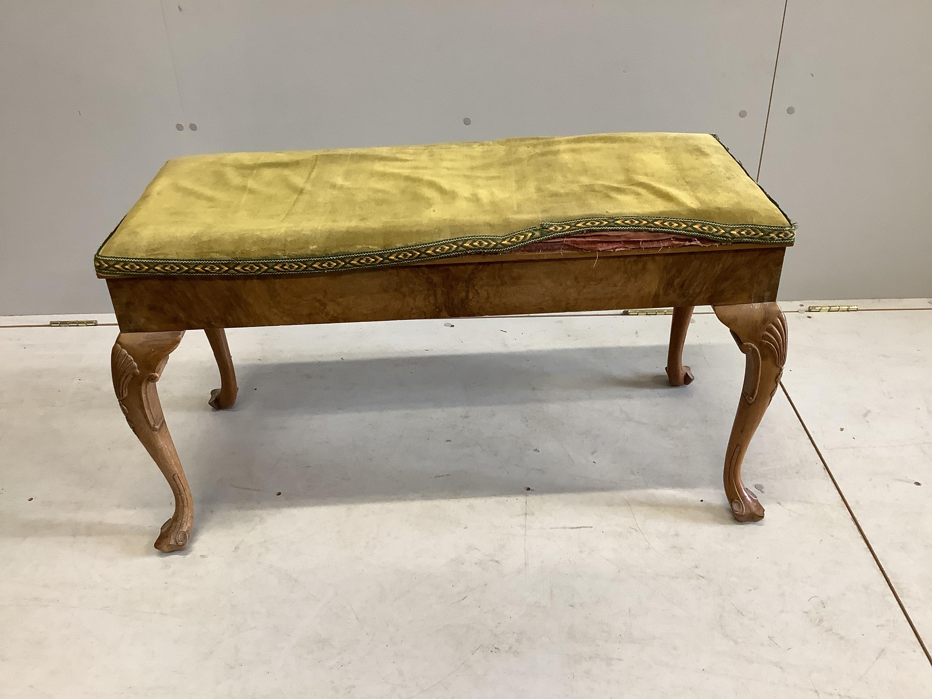 A Queen Anne revival walnut duet piano stool, with hinged box seat, width 93cm, depth 39cm, height 52cm, together with two window seats